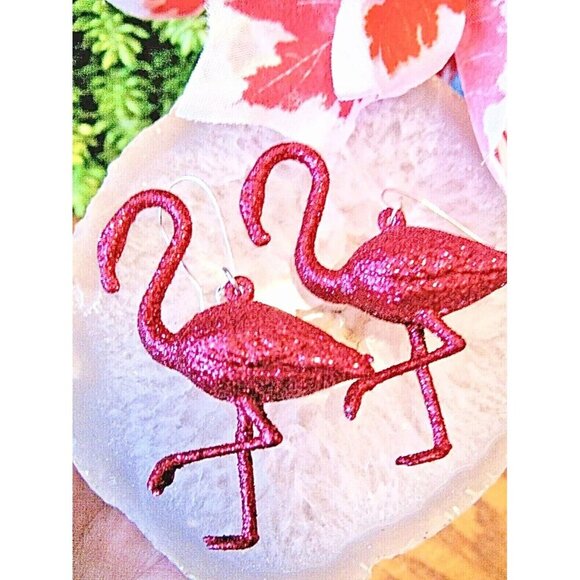 New Summer Retro 80s Style Dark Pink Flamingo Glitter Dangle Earrings - 2.75" - Picture 1 of 5